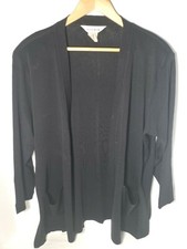 Exclusively Misook Black Open Front Cardigan Large Acrylic Duster Pockets Slit L