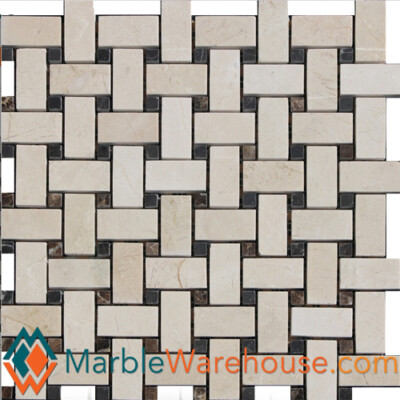Crema Marfil Basketweave with Dark Emperador Dot Polished 1''x2''+ Free Shipping