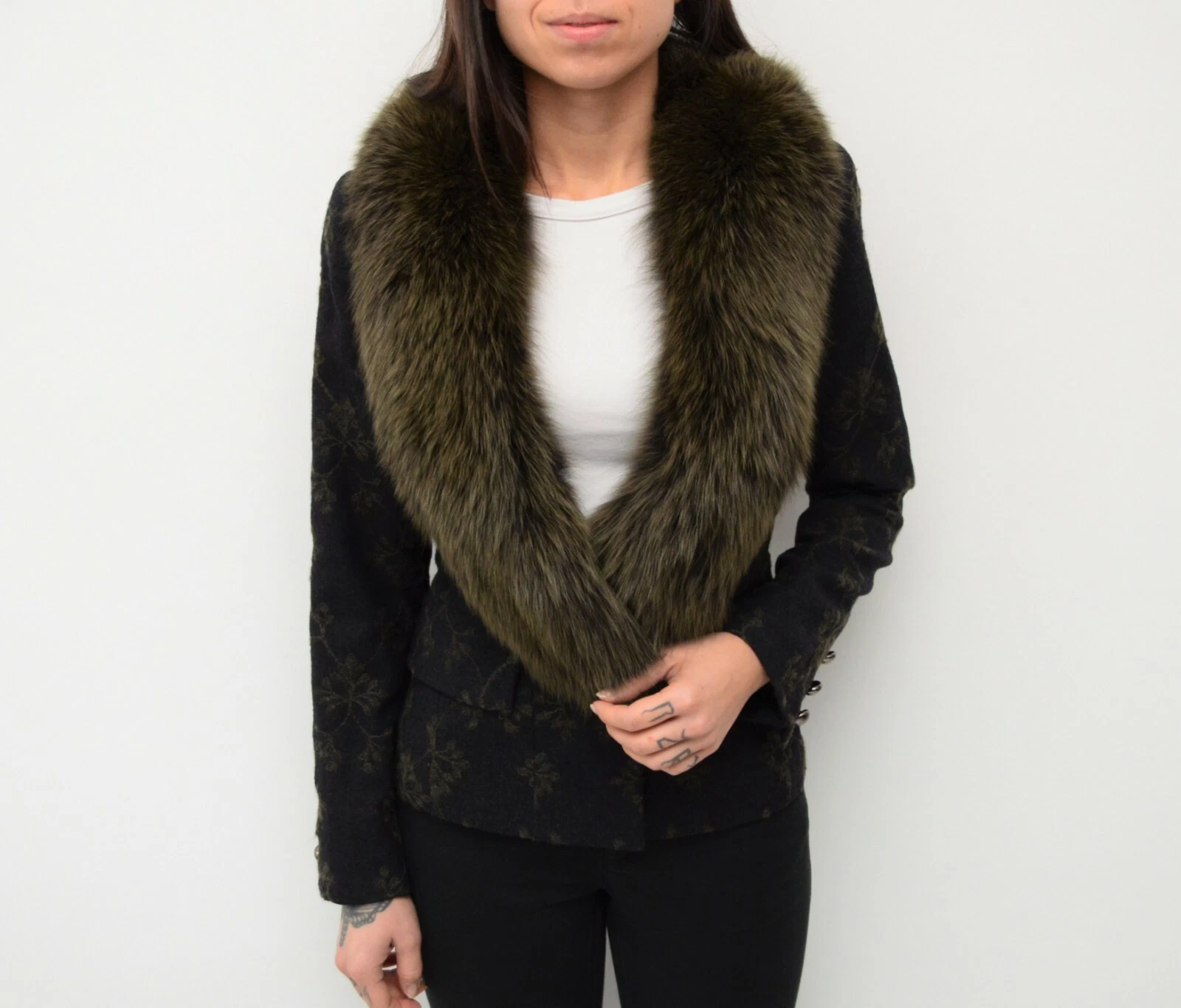 TERANI COUTURE Giacca donna Gai Mattiolo Couture blazer lana bordo pelliccia verde taglia IT 42 38 6 S