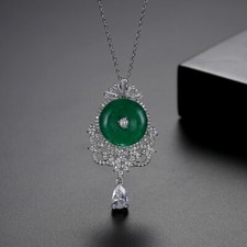 Collana Giada Ciondolo Calcedonio Verde Donna Rame Zircone Placcato Oro Gioielli