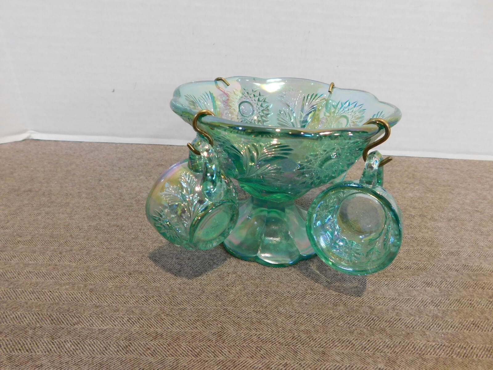 Fenton Green Iridescent Child-Sized Punch Bowl Set  