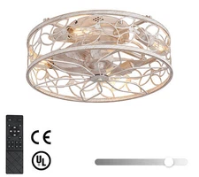 18" White Farmhouse Cage Flush Mount Ceiling Fan Light with Remote Control Kit
