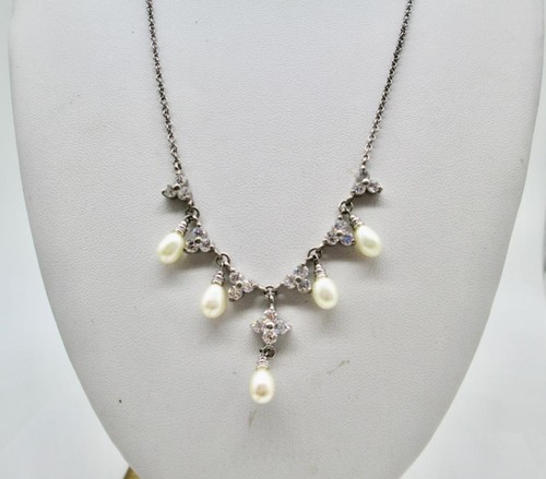 PEARL & RHINESTONE STERLING SILVER DANGLE NECKLACE 16-18 INCH - Picture 3 of 5