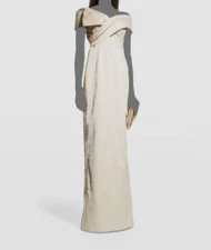 $790 Rickie Freeman by Teri Jon Women's Gold Metallic Off-Shoulder Dress Size 4