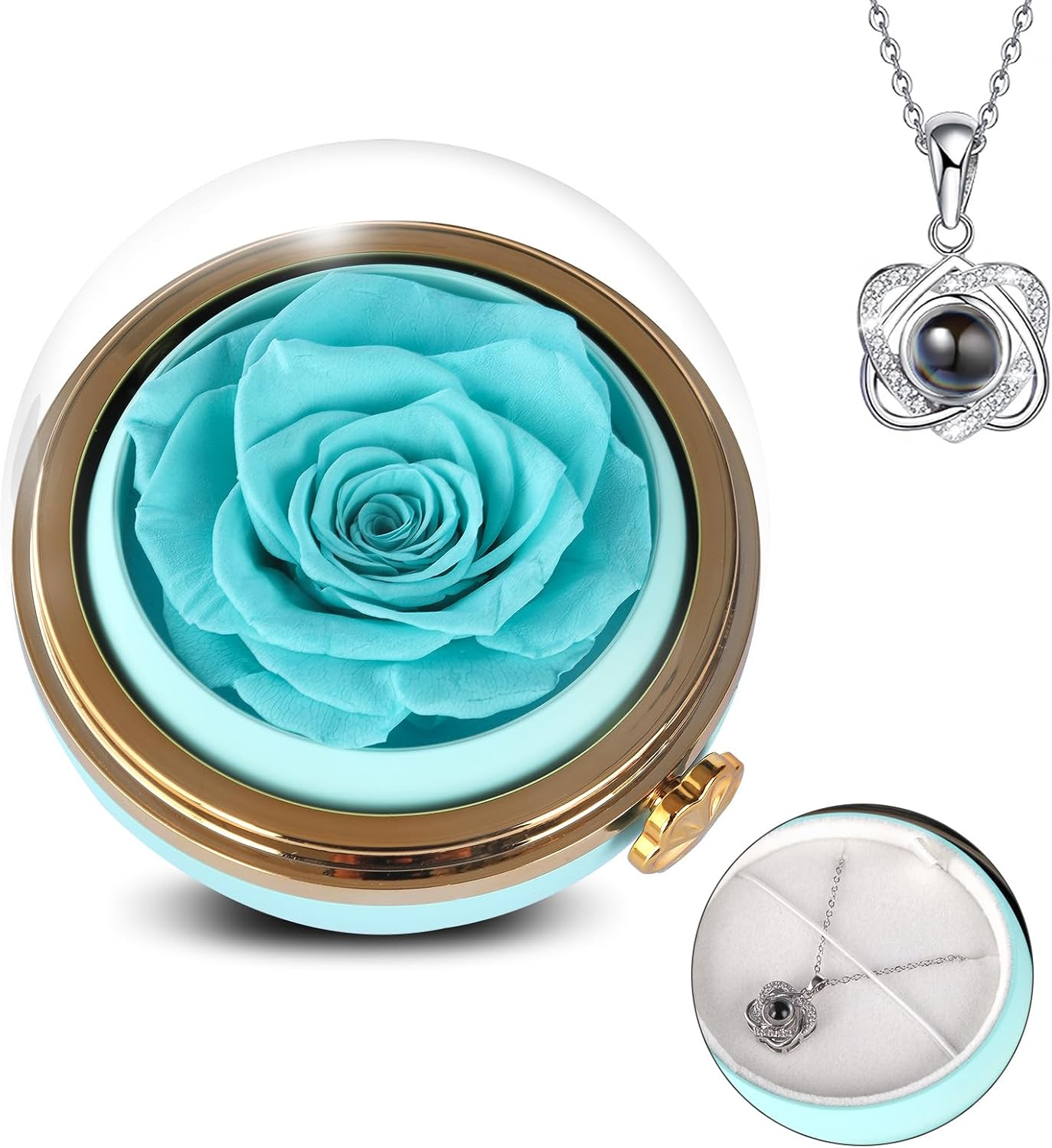 Preserved Real Rose with Heart Necklace , Eternal Flowers Gifts for Women, I Lov