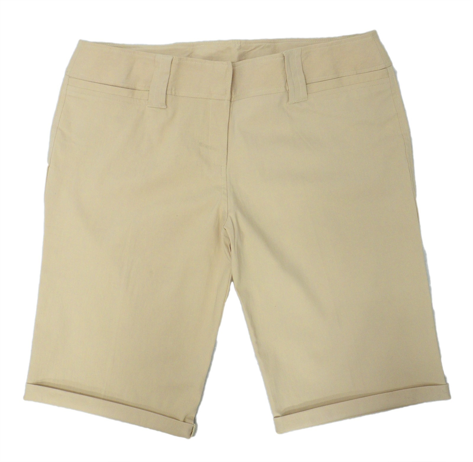 Womens New Beige Taupe Knee Length Turn Up Shorts Wide Belt Loops Plus