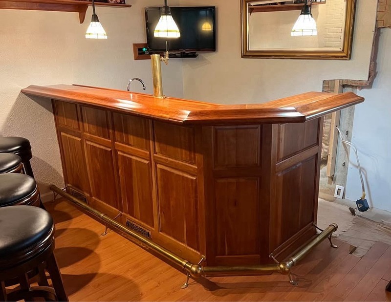 Custom Built Solid Wood Wet Bar – L-Shaped (8.5' long x 4' wide)  sink, fridge