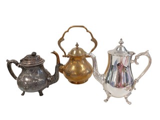 Vintage Antique Engraved Silver Plate Brass Kettles Teapots Bundle x3