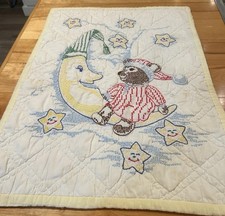 VTG Hand Made Baby Quilt Moon  Stars Teddy Bear Stitched 32x24   ADORABLE 