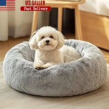 Plush Faux Fur Donut Dog Bed Non Slip Calming Cushion Warm Soft Support New