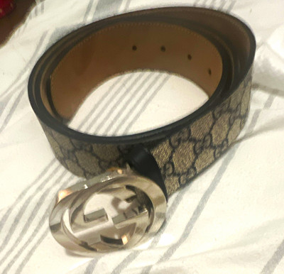 Gucci Men's GG Supreme Monogram Logo Belt Beige/Brown Silver GG Buckle Size 105