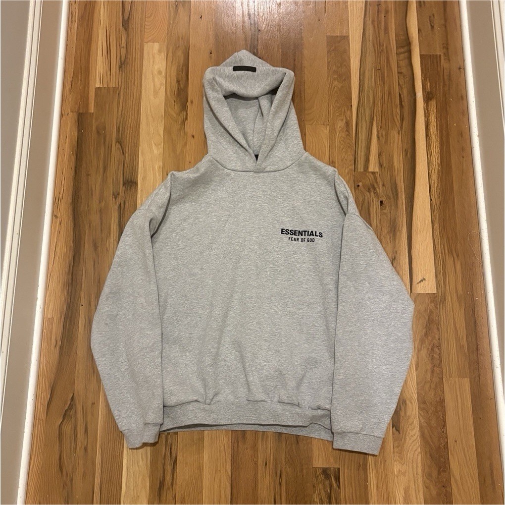 ESSENTIALS Fear of God Gray Cotton Fleece Hooded Pullover Logo Hoodie Men's
