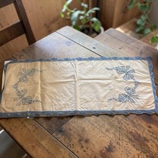Vintage Embroidered Crochet Table Scarf Runner White  Blue 12"H x by 32"L