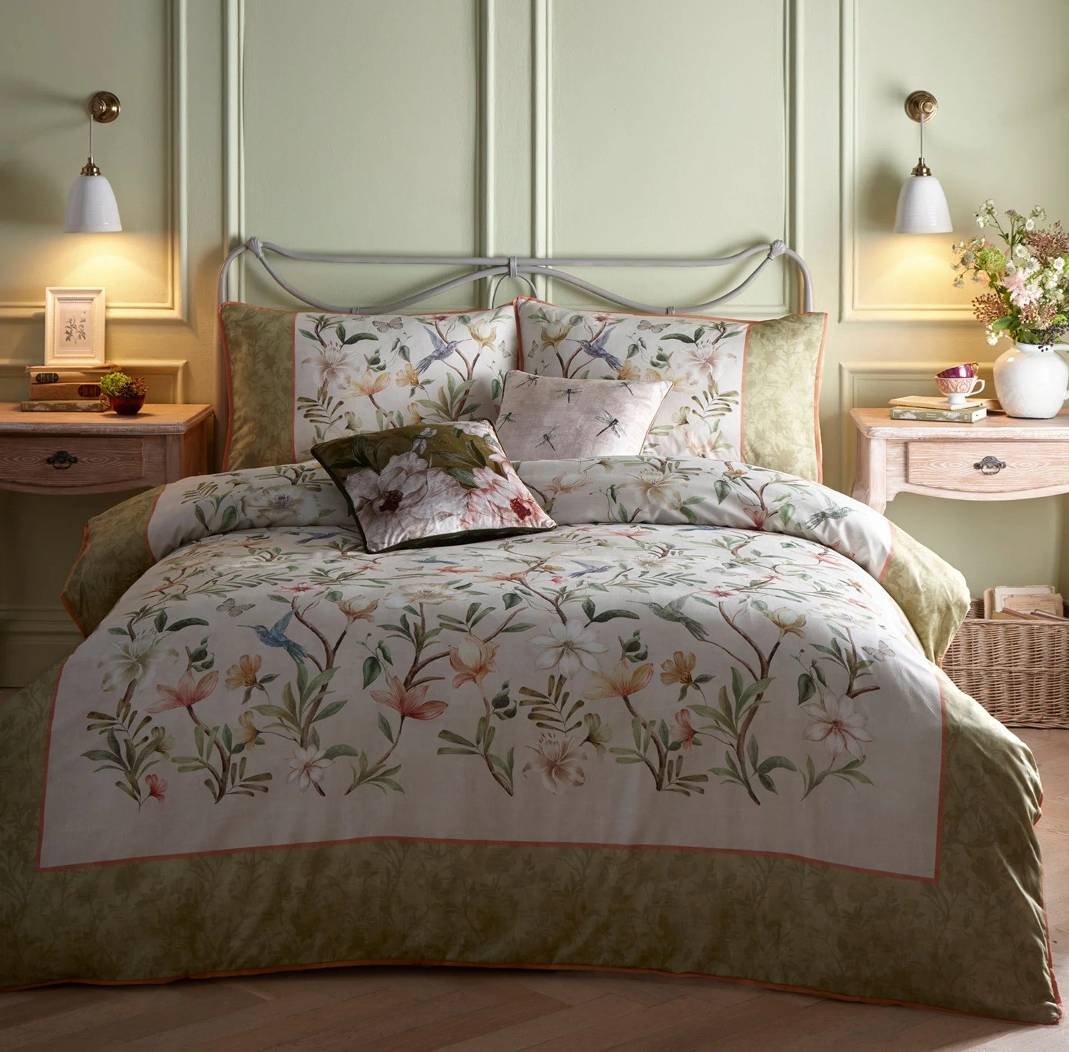 Floral Watercolour Duvet Cover Quilt Bedding Bed Set Double Natural Olive Green