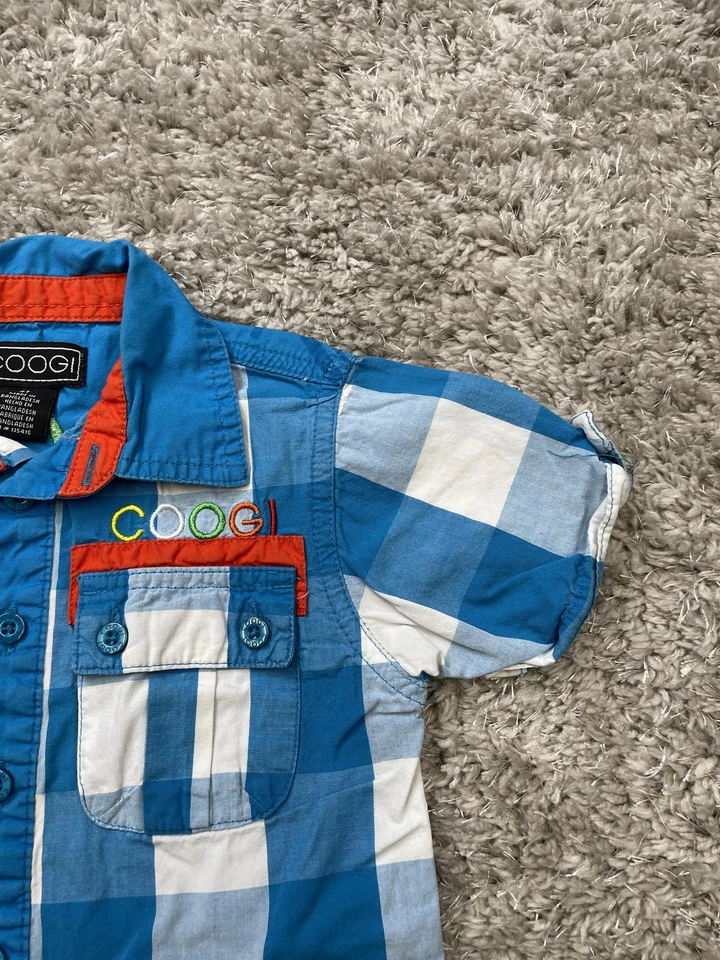 Camisa Coogi Niños 2T Azul Blanco Cuadros Manga Corta Botón Frontal Bordado Logo Foto 3 de 4