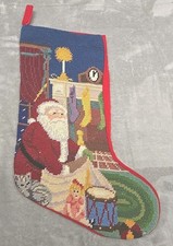 VGN Handmade Needlepoint Santa Claus Christmas Stocking 16" Velvet Back Fireplac