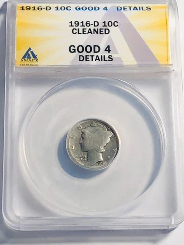 1916 D Mercury Dime GOOD Condition - SILVER - FULL DATE - Certified ANACS Good 4