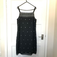 Vintage Next Dress Womens Size 14 Navy Blue Sleeveless Embroidered Floral