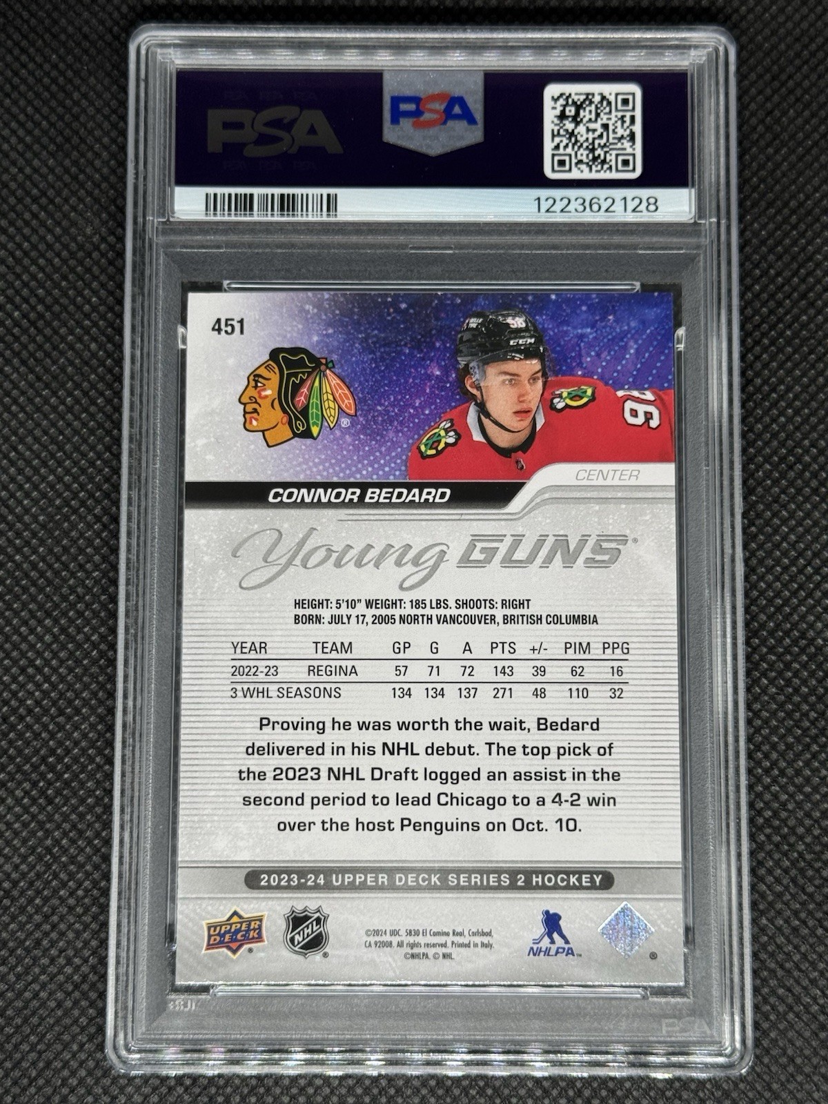 2023-24 Upper Deck Young Guns Connor Bedard #451 ROOKIE RC PSA 10 🔥🔥 view 2