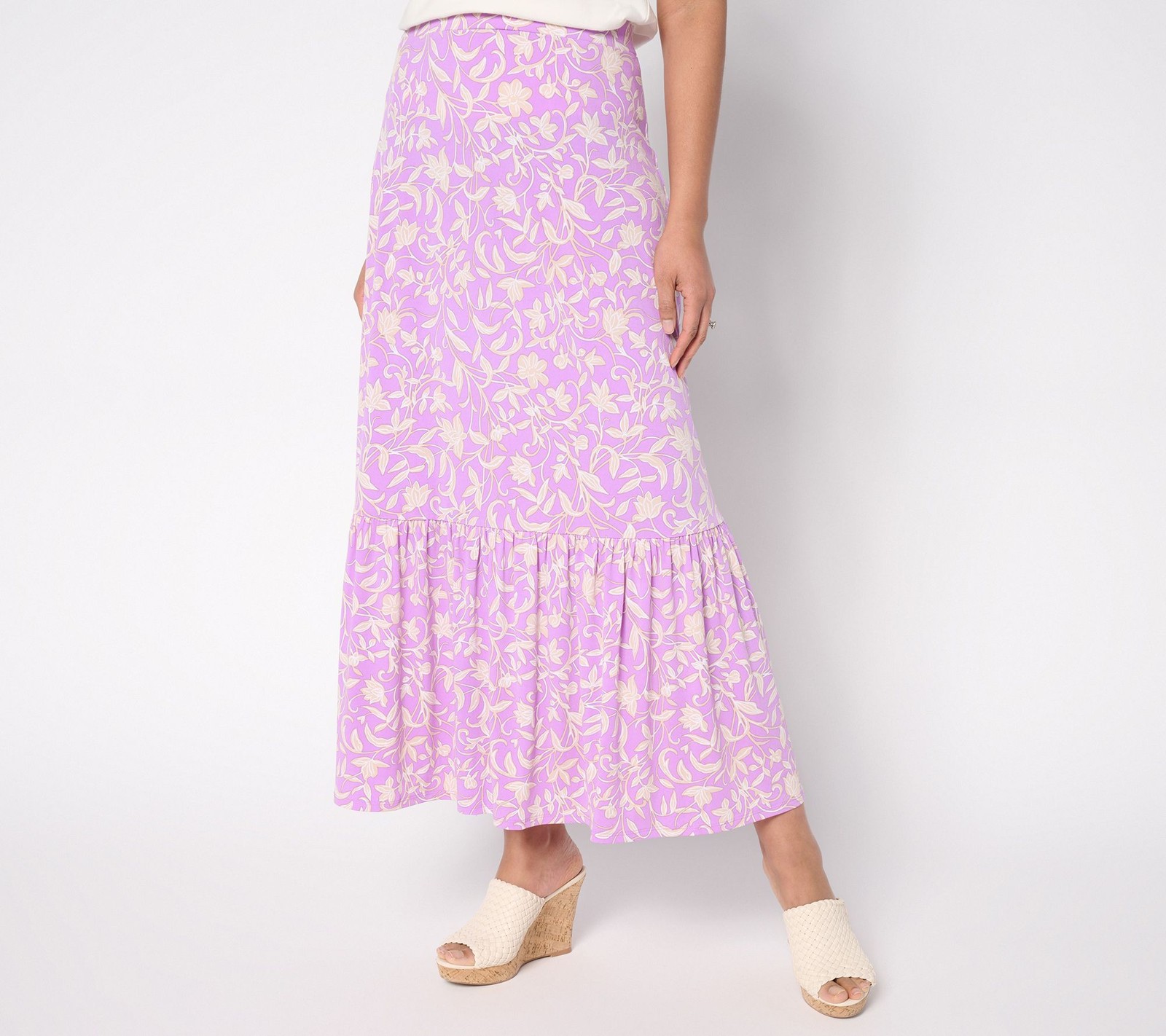 Susan Graver Women's Petite Skirt PL Printed Liquid Knit Tiered Purple A644533