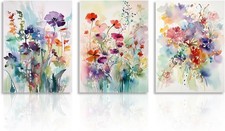 Image of Dazzlewall 3Pcs Watercolor Flower Canvas Wall Art Modern Wildflower Prints, Col