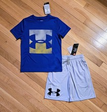 NEW Under Armour Youth Big Boy Tee Drawstring Short Set, Blue/Gray YS-8