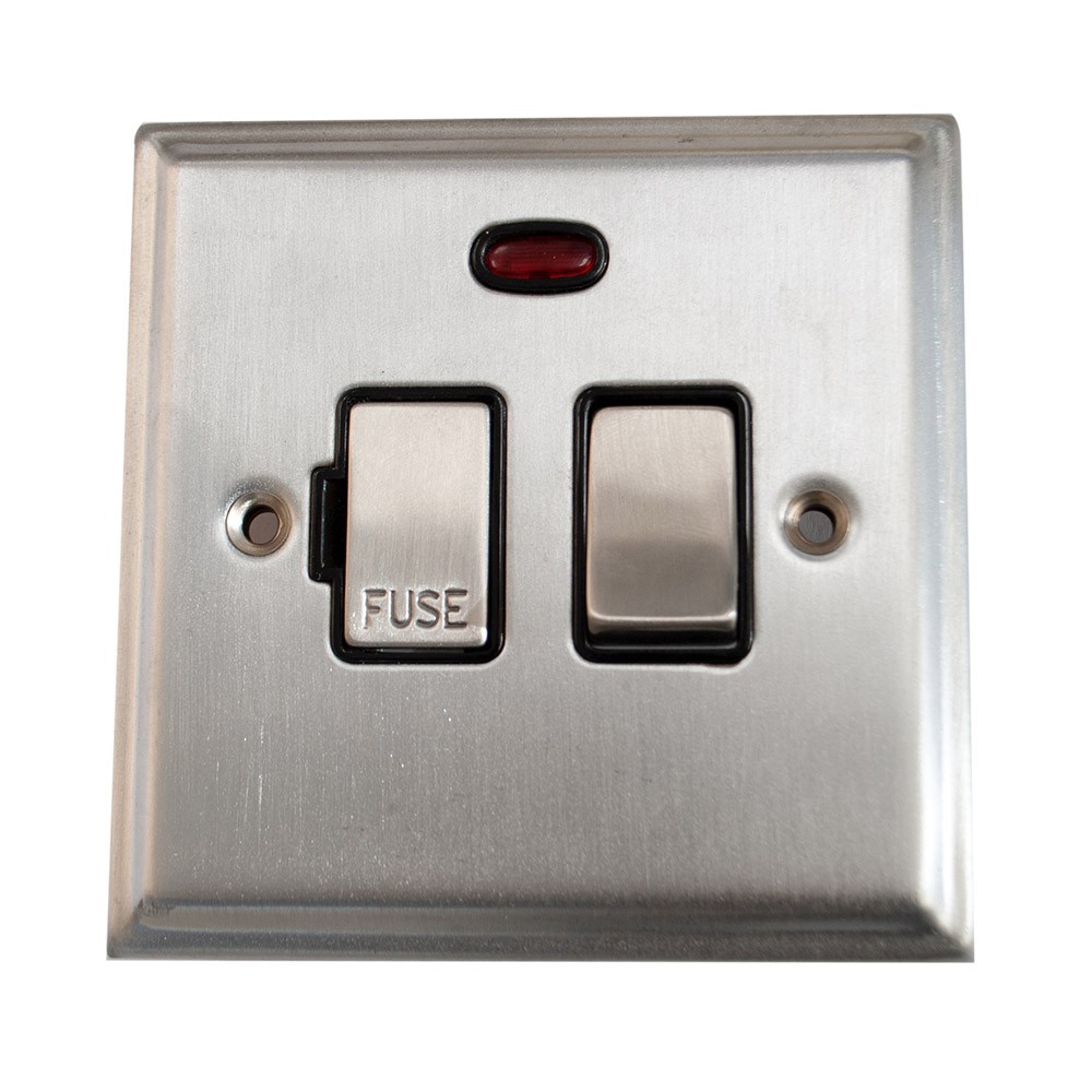 Litecraft Fuse Spur 1G With On/ Off Switch & Red Neon - Brushed Chrome Clearance