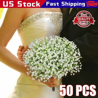 50pcs Babys Breath Artificial Flowers, Real Touch White Gypsophila Bouquet,Party