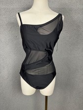 Bar III Women's One-Shoulder Mesh Cutout Swimsuit, Black Size Large New With Tag