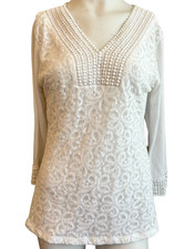 Women's Medium White Lace Blouse V Neck Top Long Sleeve Ball Trimmed