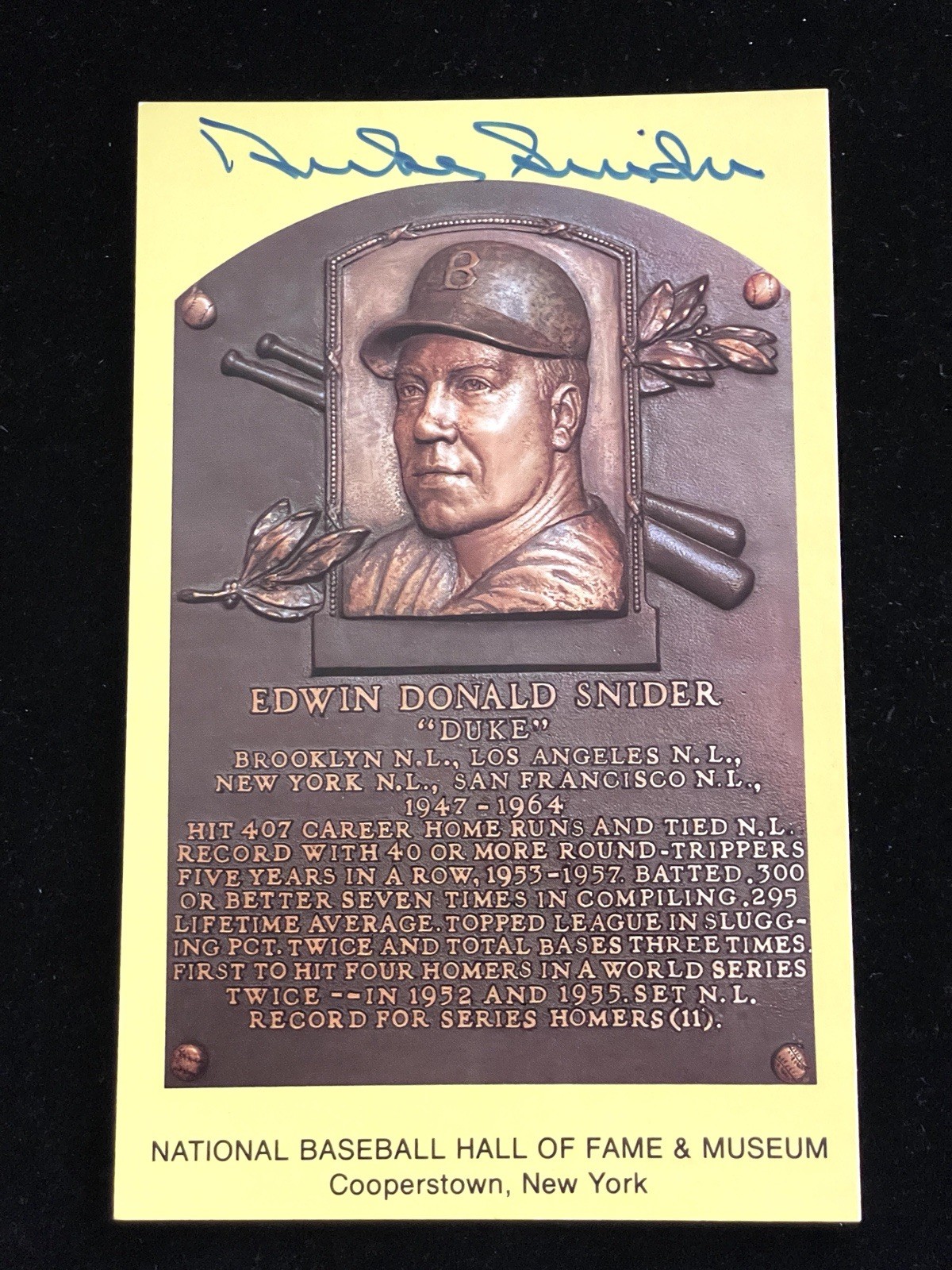 Duke Snider Autographed Signed Baseball Hall Of Fame Plaque Postcard JSA COA Dodgers 