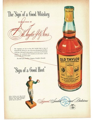 1952 Old Taylor Bourbon Vintage Print Ad Jockey Hitching Post