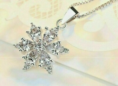 2Ct Pear VVS1/D Diamond Snowflake Pendant Necklace 14K White Gold Fn Free Chain