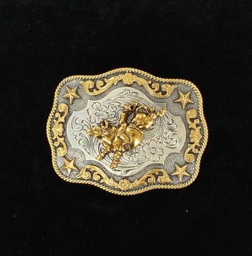 KID'S Bullrider - Horsehead ~WESTERN BELT BUCKLE~ NOCONA Silver Gold Stars 37989 - Picture 2 of 2