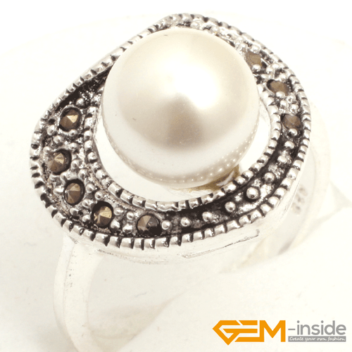 Natural Gemstone Charms Rings Jewelry Tibetan Silver Marcasite Women Gift 6#-8# - Picture 8 of 43