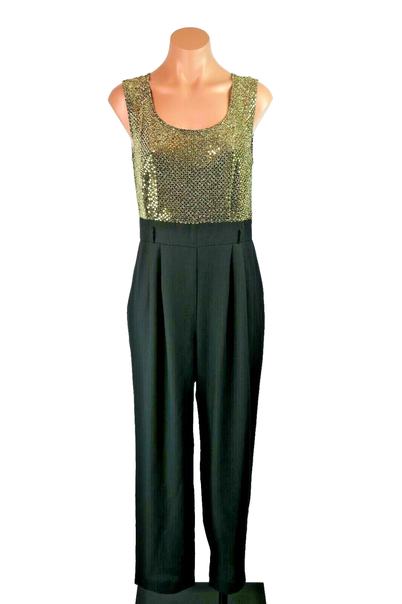 VTG 70s 80s Retro John Roberts Jumpsuit Disco Sequin Gold Black