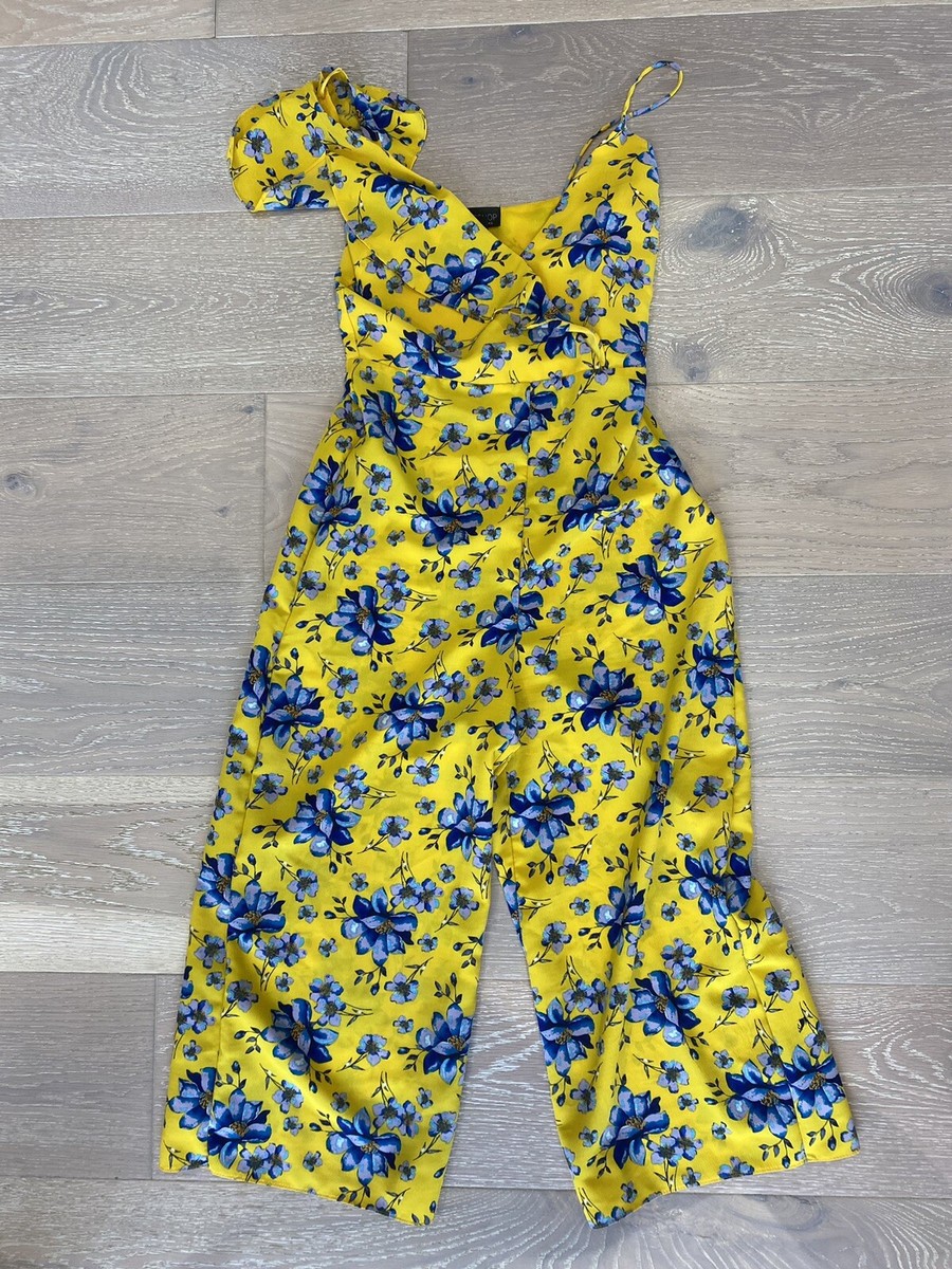 Topshop Women's Yellow Jumpsuit With Blue Flowers Size UK