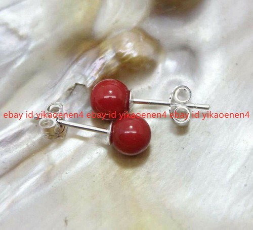 Beautiful 8MM Red Coral Round Gemstone Beads 925 Silver Stud Earrings AAA - Picture 6 of 12