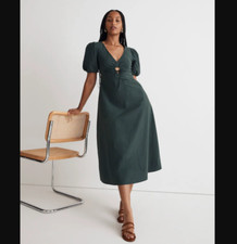 Madewell NEW NWT Womens 00 Green Terri Poplin Cutout Puff Sleeve Midi Dress