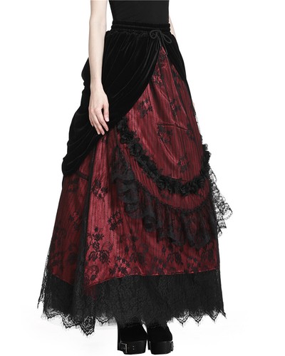Dark in Love Long Gothic Skirt Black Red Velvet Lace Steampunk Victorian Bustle - Picture 6 of 12