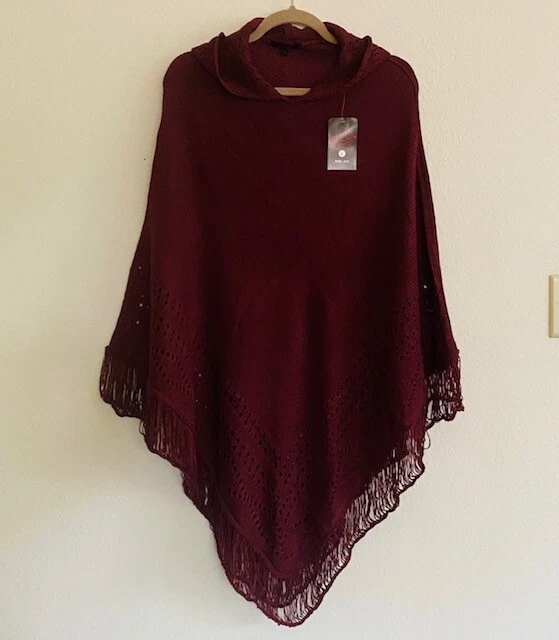 XL/1X/2X/3X New Cotton Dark Red Hand Crocheted Lace Poncho Hoodie 99$