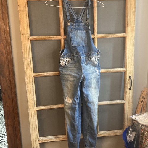 Justice Girl's Denim Bib Overalls, Lace Embellished, Distressed, Size 14, Blue - Picture 7 of 13