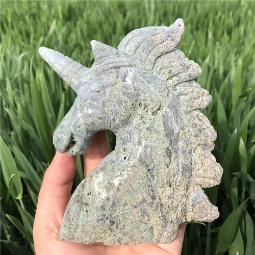 0.85LB Natural Aquatic Agate Unicorn Skull Reiki Carved Gift Crystal XK3469 - Picture 13 of 16