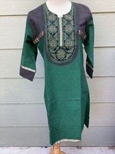 Kurta Kurtis Womens Shirt Dress Ethnic Salwar Kameez Sz S 37B Green Gold Floral