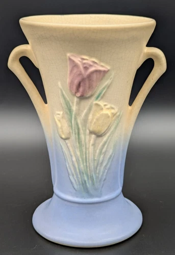 Vintage Hull Double-Handled Vase Sueno Tulip #100-33-6½ Wide Mouth 1938