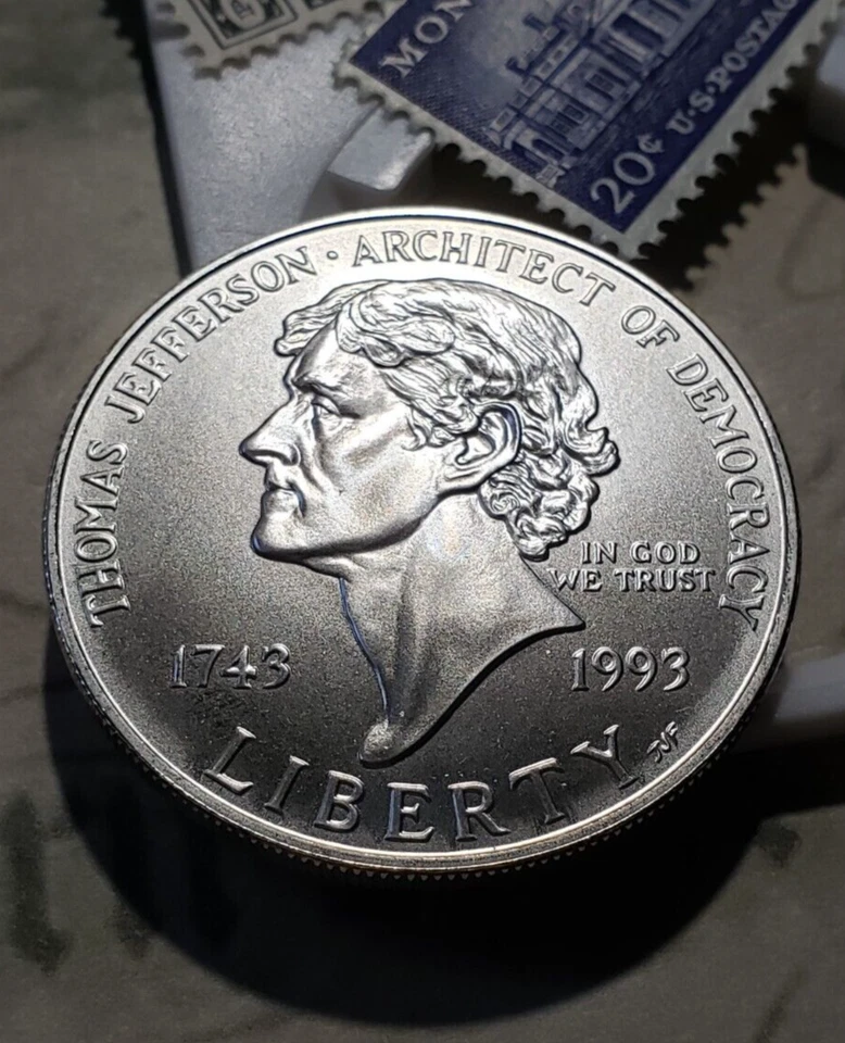 1993-P Thomas Jefferson - Silver Dollar with Vintage Stamps - Very Nice! W17 - Image 3 of 4