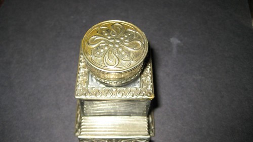 VINTAGE BRASS MOUNTED INK BOTTLE WITH PEN REST - Picture 2 of 8