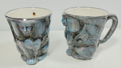 Vtg Egyptian Sphinx Style Gray Ceramic Coffee Tea Mug Cup Lot of 2