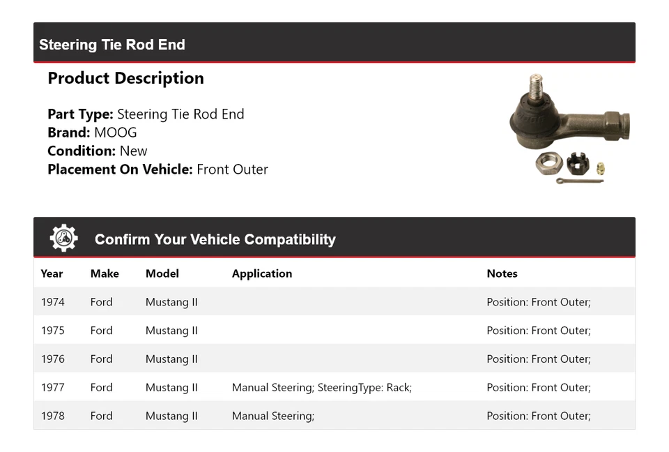 Para Ford Mustang II 1974-1978 extremo de barra de dirección delantero exterior MOOG 1974 1975 Foto 2 de 4