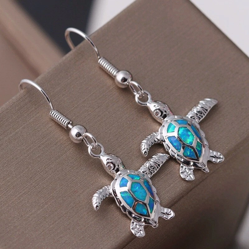 Blue Fire Opal Inlay Turtles Dangle earrings Hook 925 Sterling Silver Earrings - Image 3 of 4